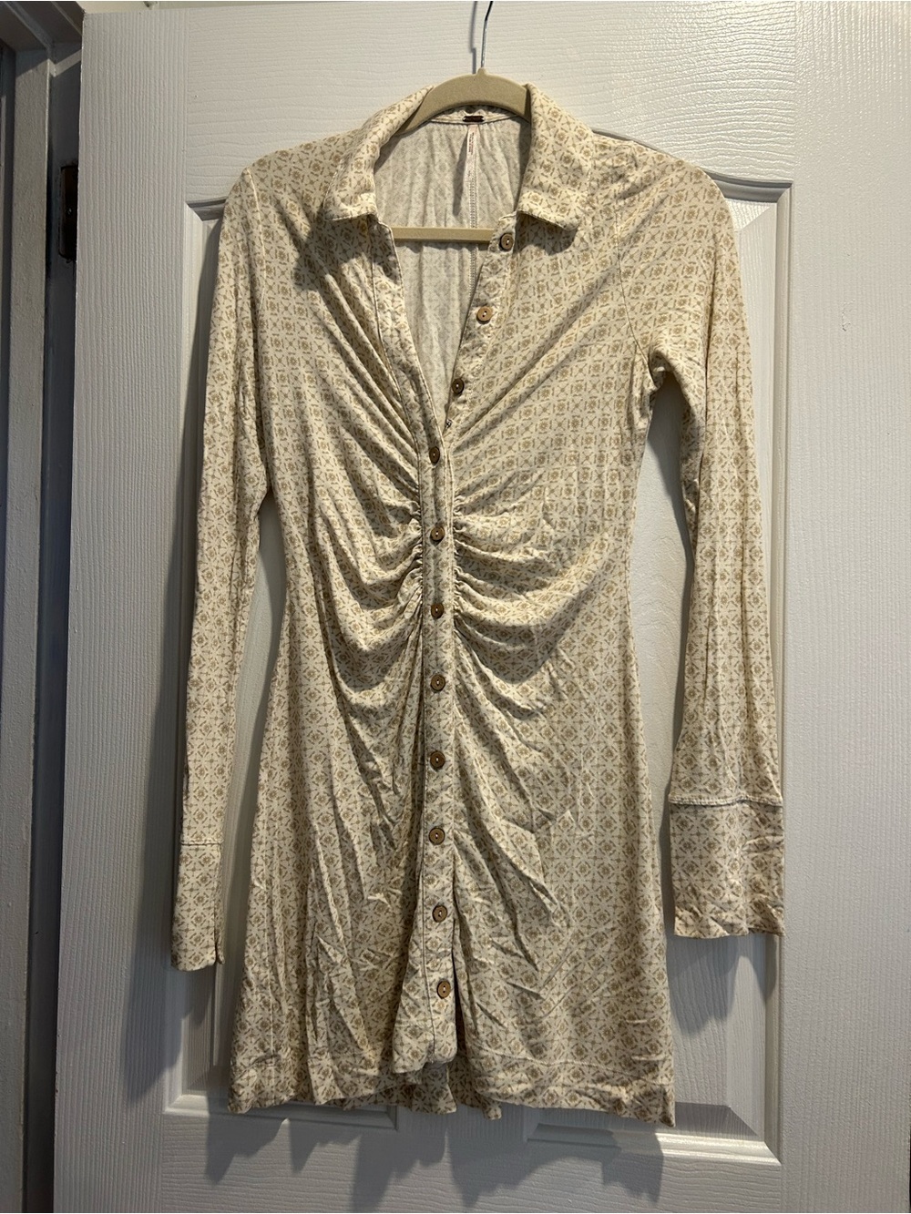 Free People Cream Ruched Button-Front Long Sleeve Dress